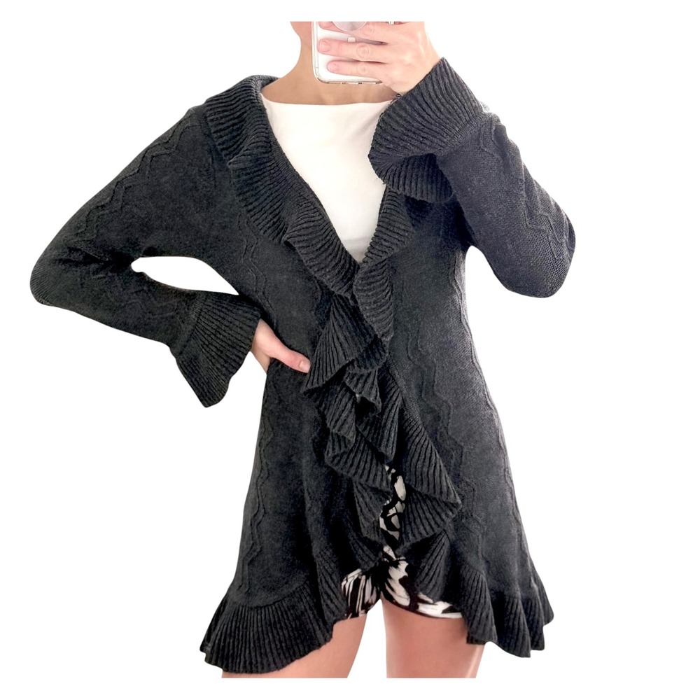 Brittany Black Vintage Ruffle Open Front Cardigan Charcoal Grey Cable Knit L